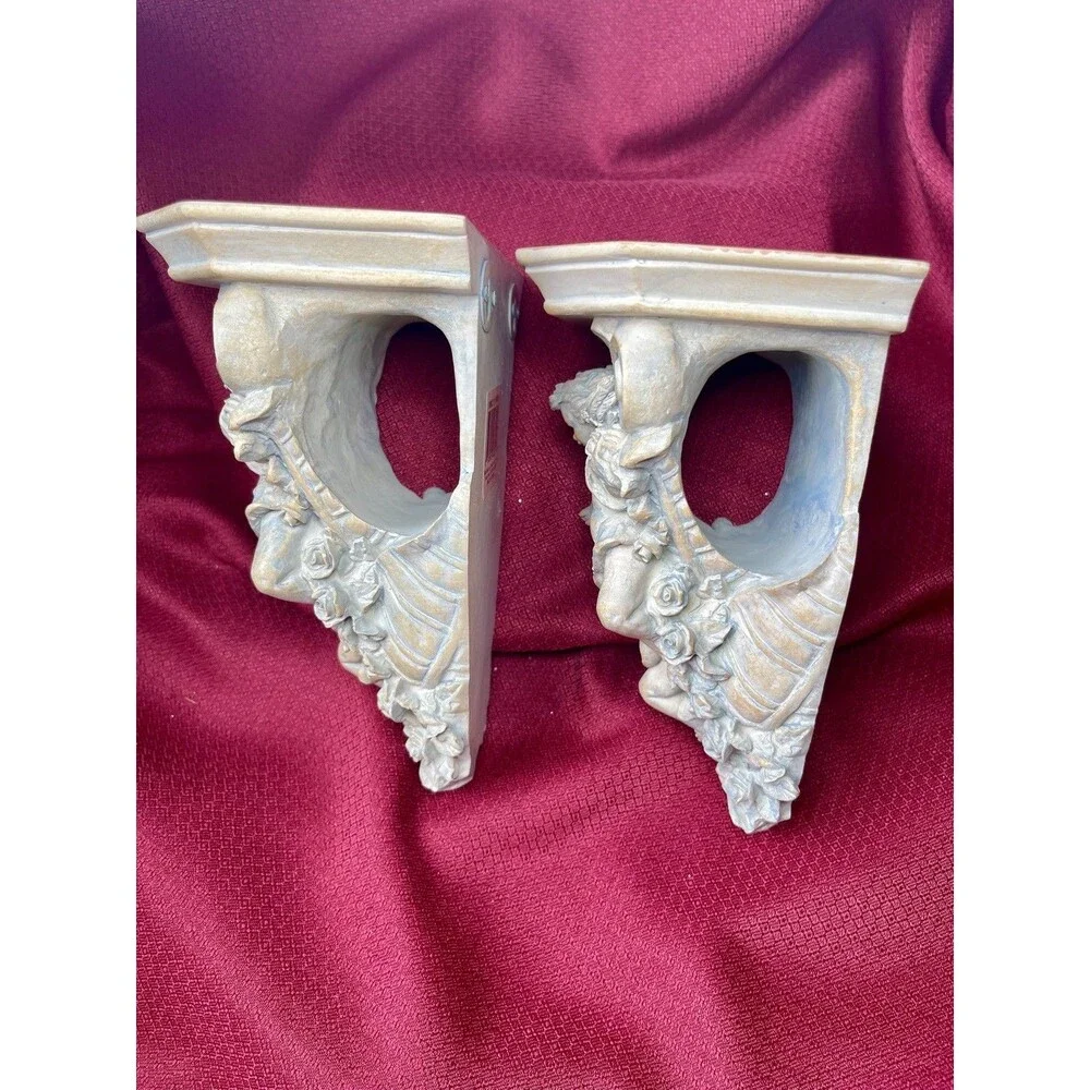 Pair of Gothic Corbels Ornate Baroque Floating Wall Shelves Curtain Rod Cherubs
